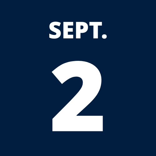 Sept. 2 written on a Dark blue box with white writing