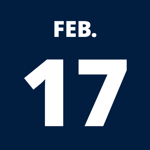 feb. 17 written on a Dark blue box with white writing