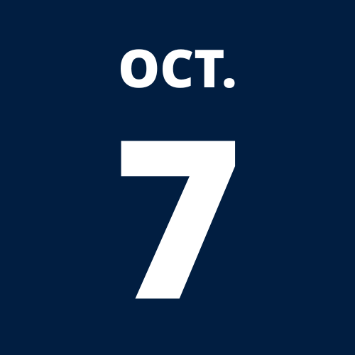 Oct. 7 written on a Dark blue box with white writing
