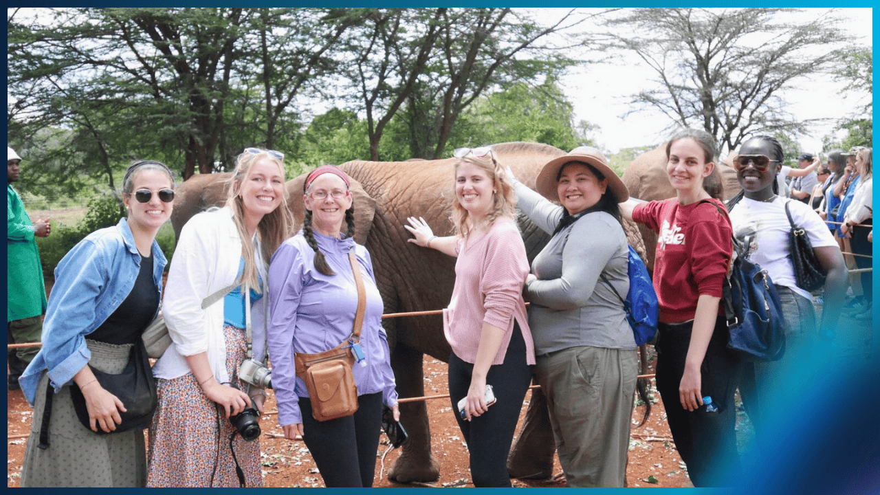 Group of students and faculty petting an elephant in Kenya, 