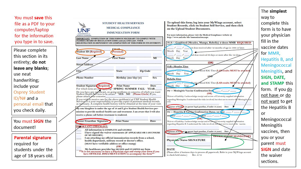 unf immunization form with sections circles - instructions directly below