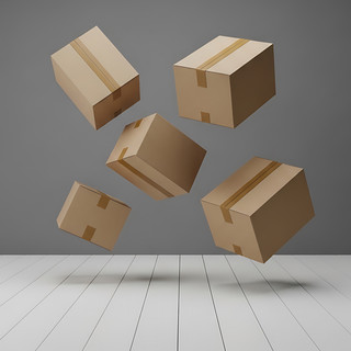 cardboard boxes levitating in a room