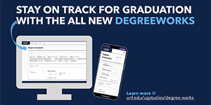 "Stay on track for graduation with all the new Degreeworks" on a graphic of a desktop computer and a phone