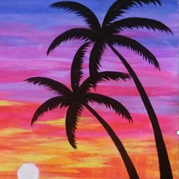 two palm trees with pink sunset 