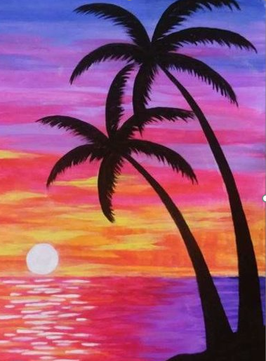 Setting sun in a purple and pink sky with palm trees