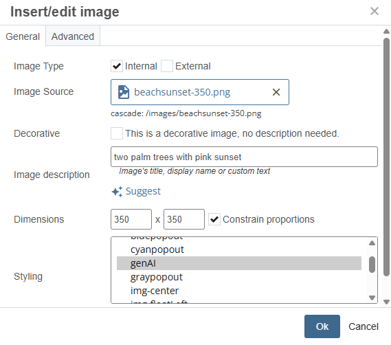 genAI dropdown for insert/edit image