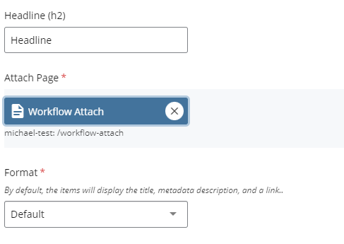 screenshot of Headline (h2) Attach Page selector and Format options fields in cascade attach page option