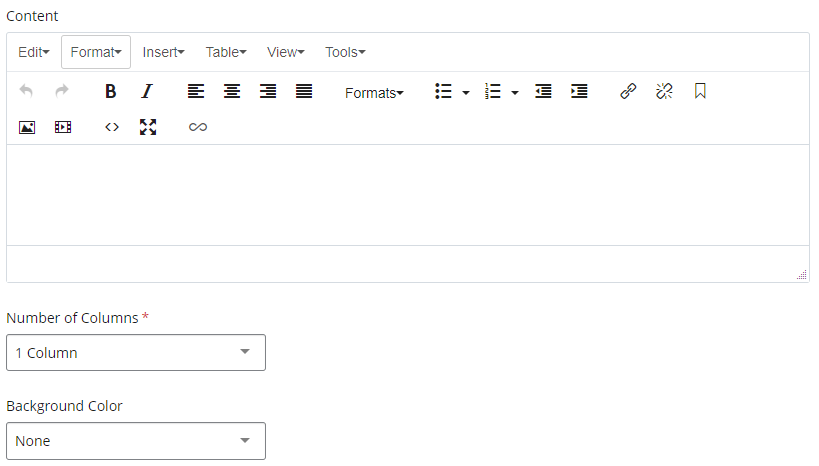 screenshot of WYSIWYG content editor, number of columns, and background color options in attach tier