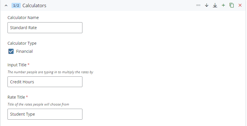 Calculators group with Calculator Name, Type, Input Title, Rate Title fields filled out