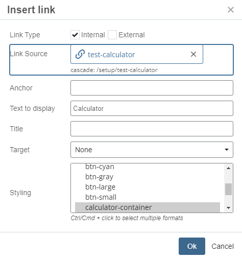Link selector in cascade with a test-calculator file selected internally, text to display set to calculator, and styling set to calculator-container