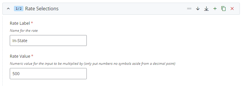 Rate Selections group with Rate Label and Rate Value inputs filled out with In-State and 500