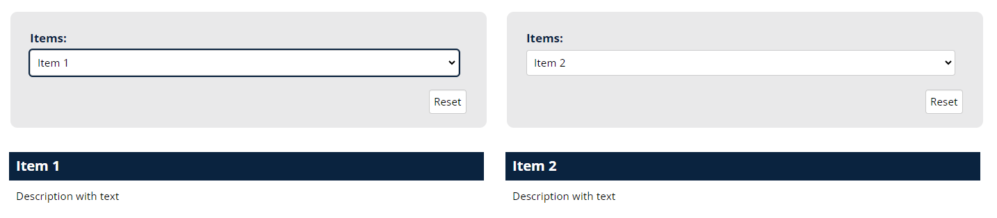 Comparison list with blocks showing Item 1 on the left and Item 2 on the right, items have text of Description with text
