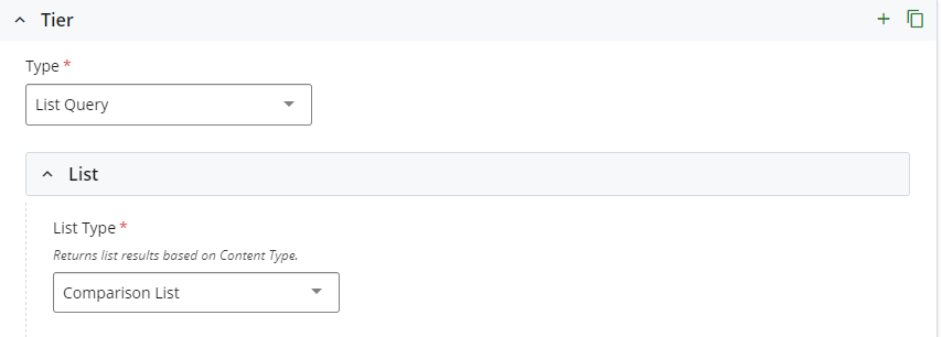 Cascade Tier group with type dropdown selected to List Query showing List Type select box with Comparison List chosen