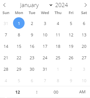 Calendar with January 1 2024 selected and a time of midnight
