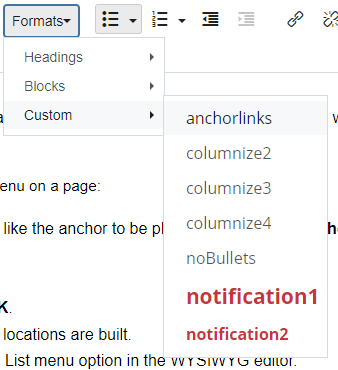 Cascade WYSIWYG Formats menu with Custom and anchorlinks option selected