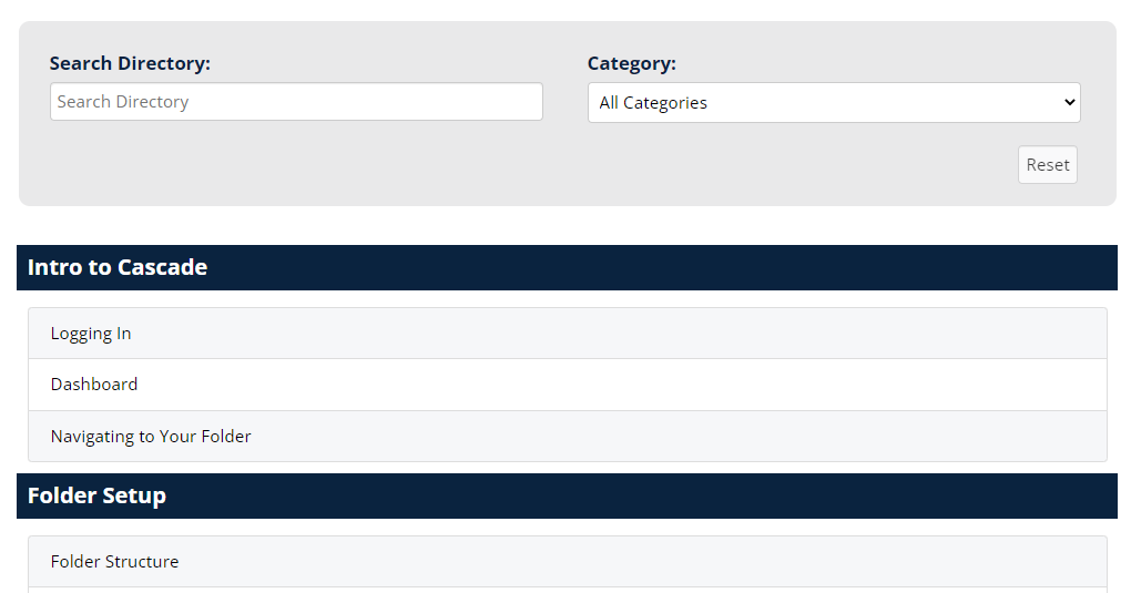 List builder showing Intro to Cascade with three items and Folder Setup with one group and search functionality