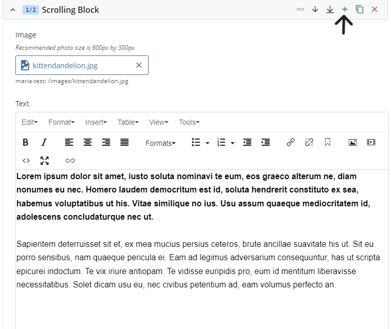 Scrolling block tier header in cascade with an arrow pointing to a green plus button