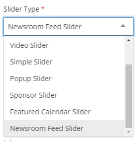 Slider Type options with Newsroom Feed Slider highlighted and Featured Calendar Slider above as an option