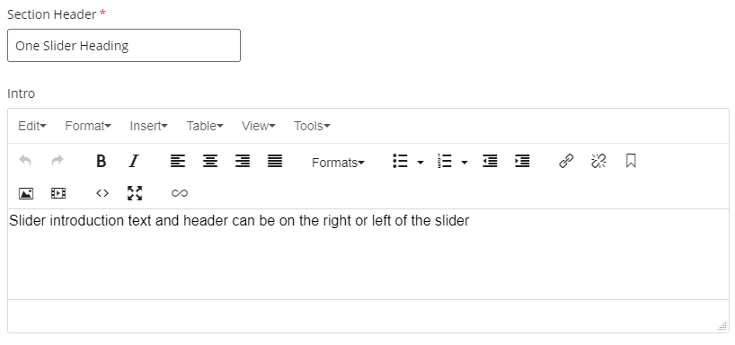 cascade editor showing the Section Header and Intro sections of a slider filled out