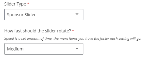 Screenshot of Slider Type seleceted to Sponsor Slider and How fast should the slider rotate selected to Medium