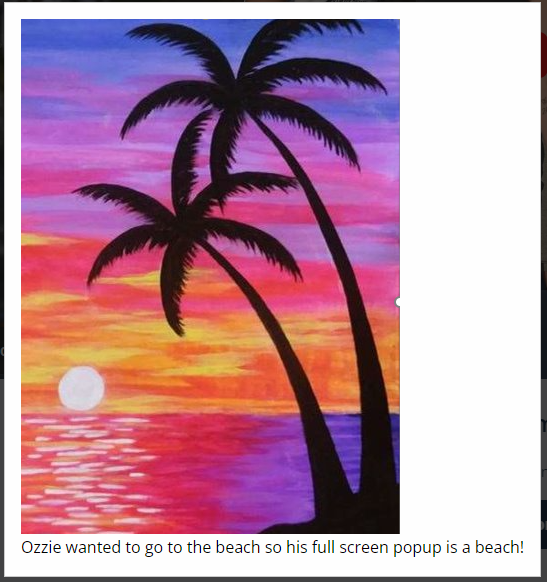 painting of palm trees and ocean at sunset with caption of Ozzie wanted to go to the beach so his full screen popup is a beach!