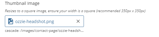 Thumbnail Image field in cascade with ozzie-headshot and note instructions to keep image width to 350px X 350px
