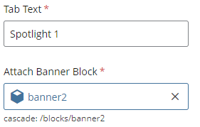 Tab Text box field with Spotlight 1 text and Attach Banner Block with banner2 attached