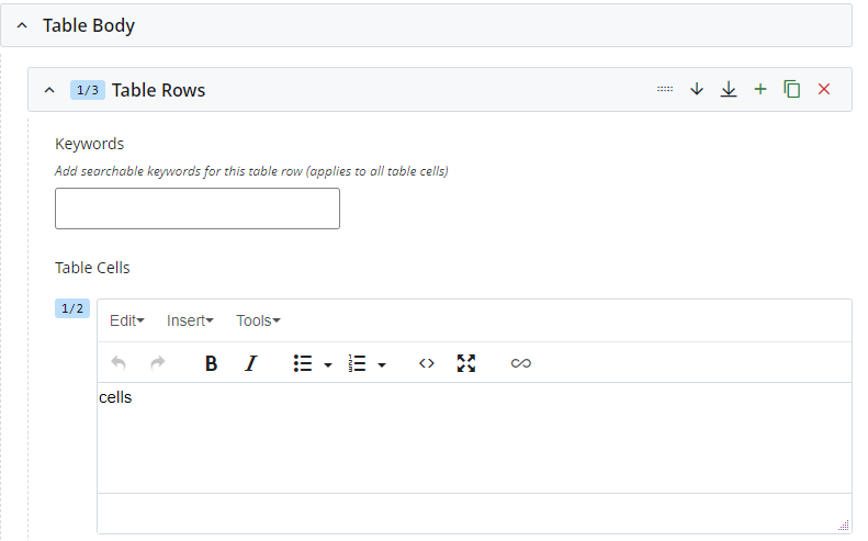 screenshot of Table Body and Table Rows group in Cascade, visible Keywords and Table Cells fields