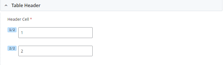 screenshot of Table Header group in cascade with 2 Header Cell fields visible