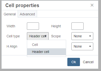 Cell properties showing cell type as a header cell