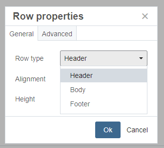 Row properties showing row type as a header