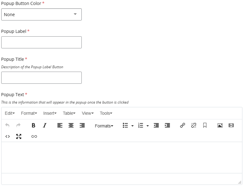 popup details of button color, label, title and text
