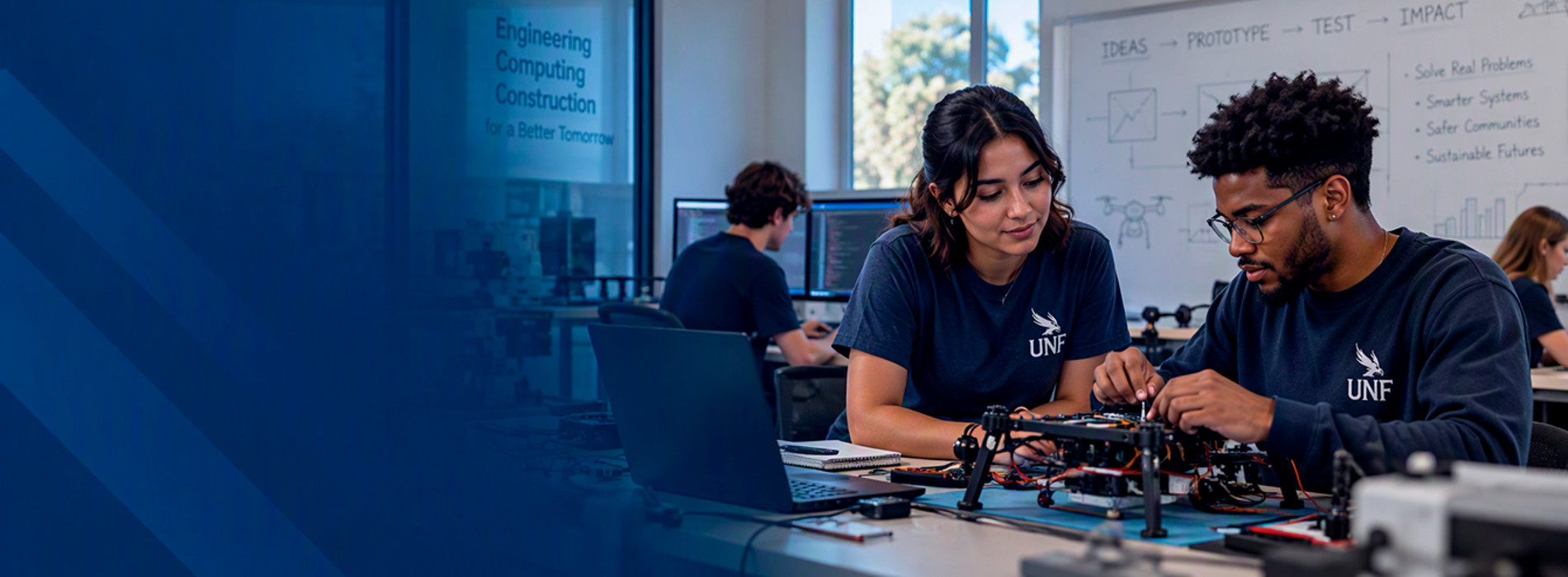 Two students are working on an engineering project, with two other students in the background working independently