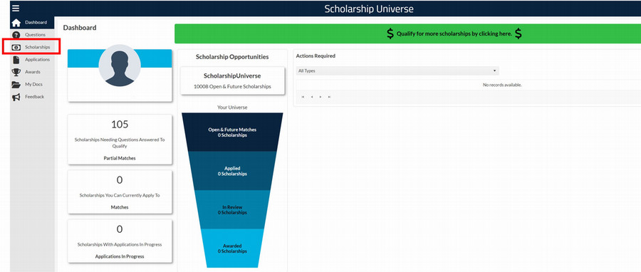 Scholarship Universe Dashboard screenshot with red square around the Scholarships button on the left menu