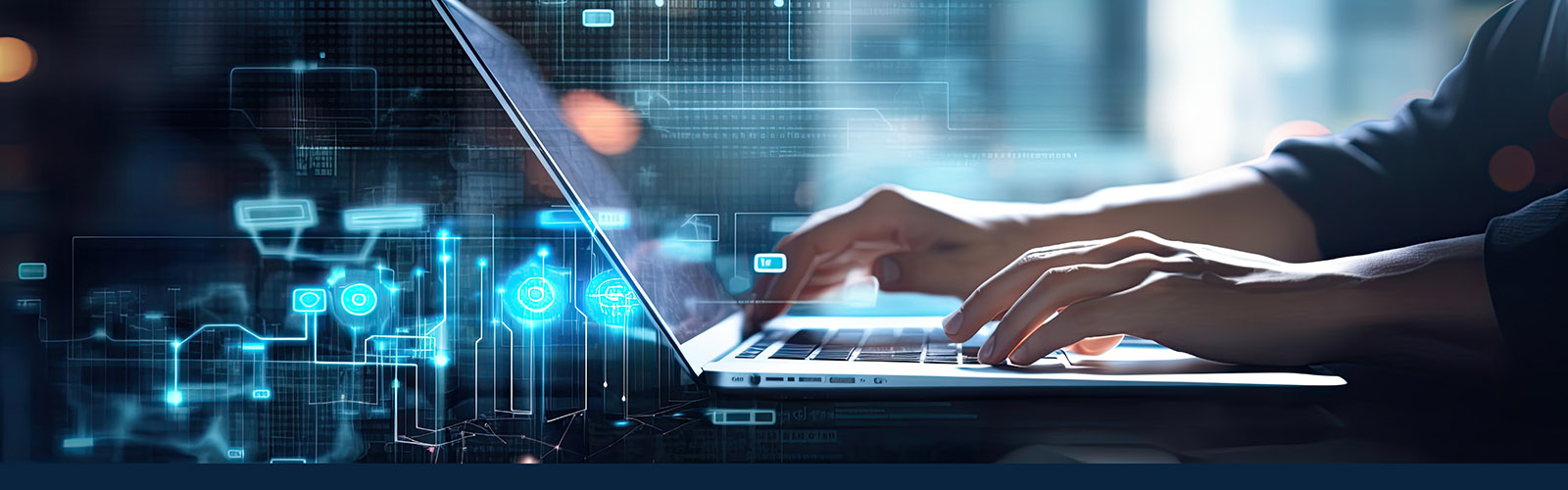 hands working on a laptop with computing symbols in a navy background