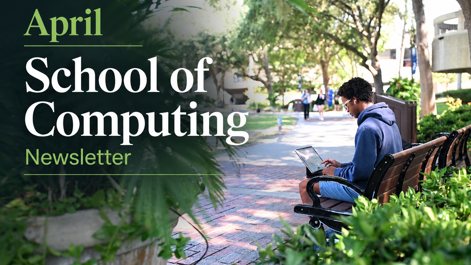 Student sitting on bench with laptop open on their lap.