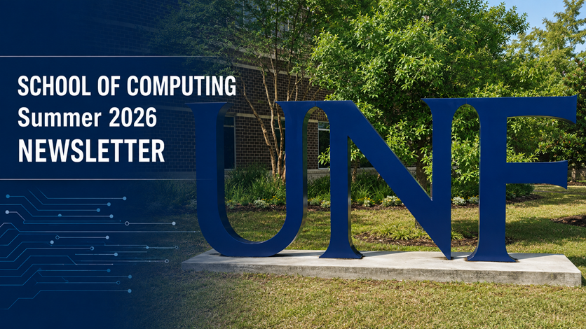 Large UNF letters on grass with caption: School of Computing Summer 2026 Newsletter