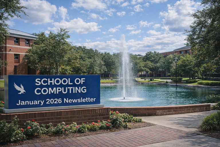 Fountain with trees and buildings behind it and a sign with School of Computing January 2026 newletter
