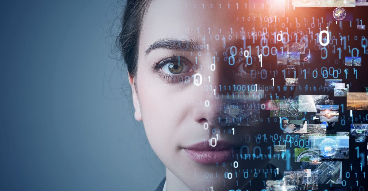 Conceptual image of woman's face with numbers and screens 