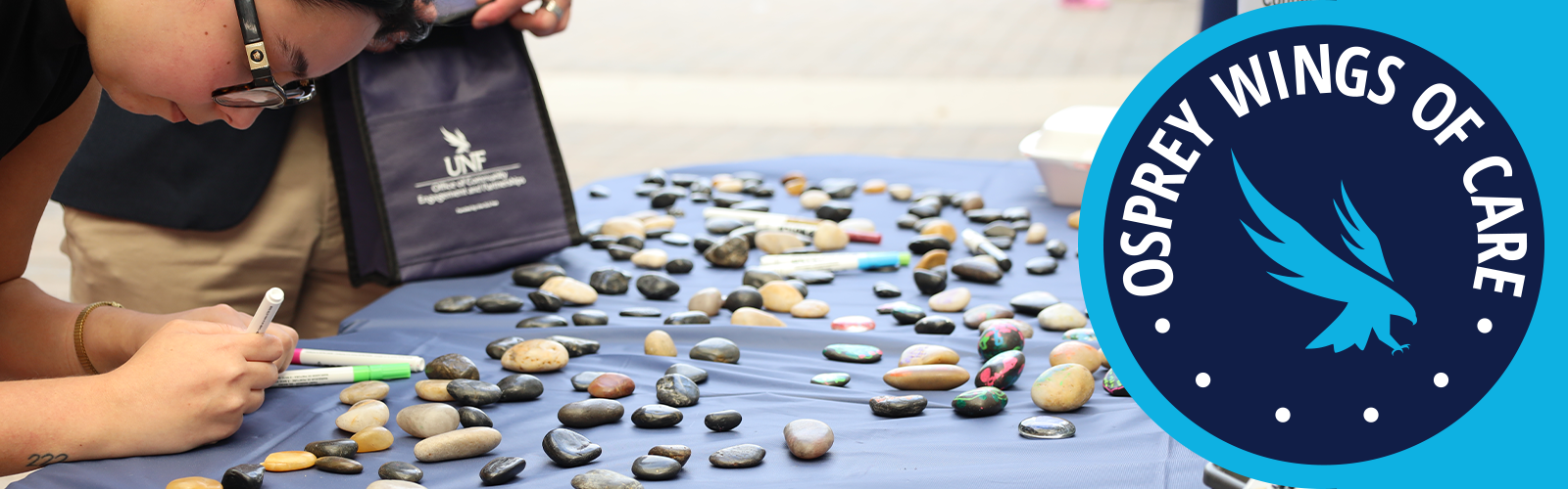 Osprey Wings of Care logo on the right with the left having a student writing on a rock