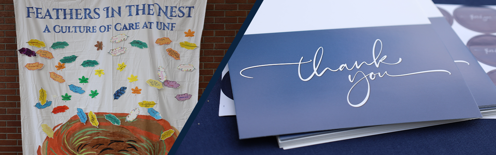 Thank you card on the right and left is Feathers in the Nest A Culture of Care at UNF