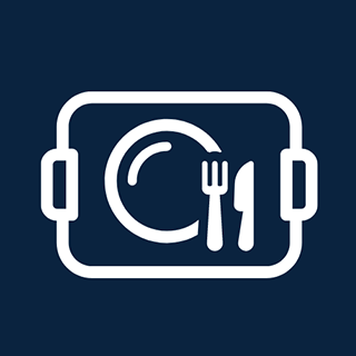 Outline of a tray with a dish, fork, and knife