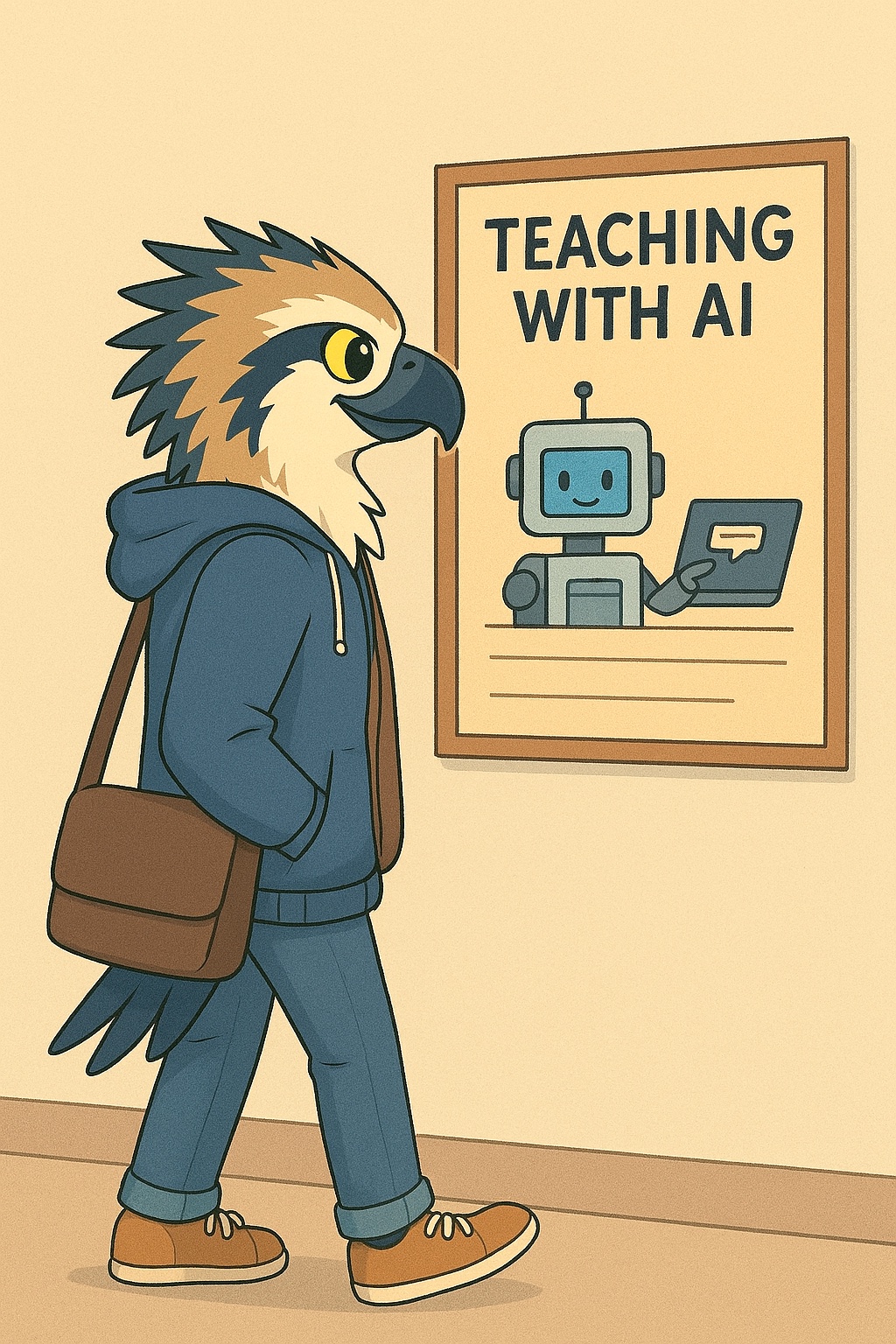 osprey looking at poster "Teaching with AI"