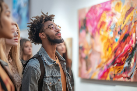 Students analyze contemporary artwork with a museum professional inside a bright Jacksonville gallery overlooking the downtown skyline