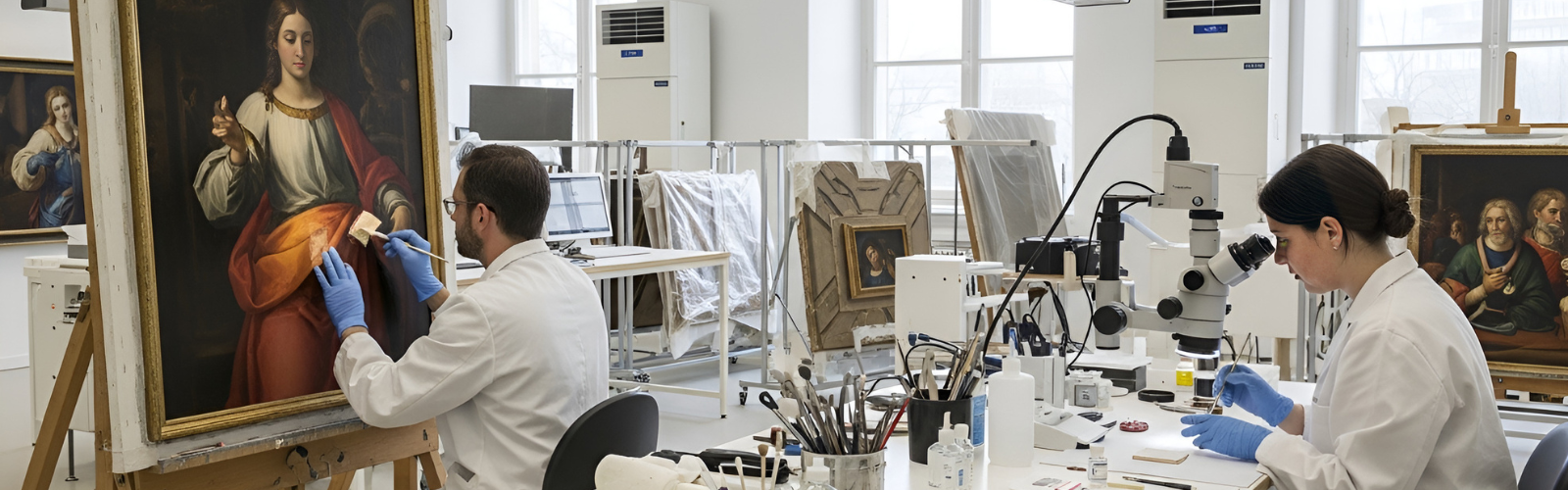 Museum employees curating art