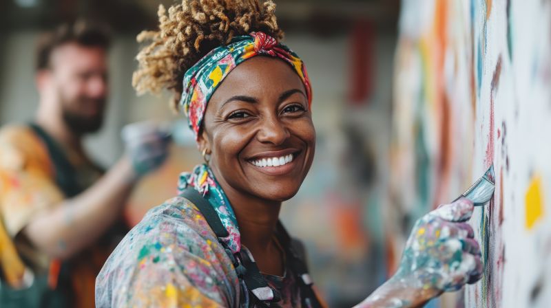 Artist smiles while painting a vibrant mural