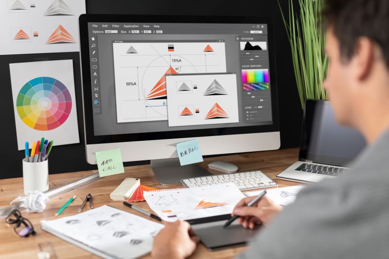 Designer creates a logo on a computer screen