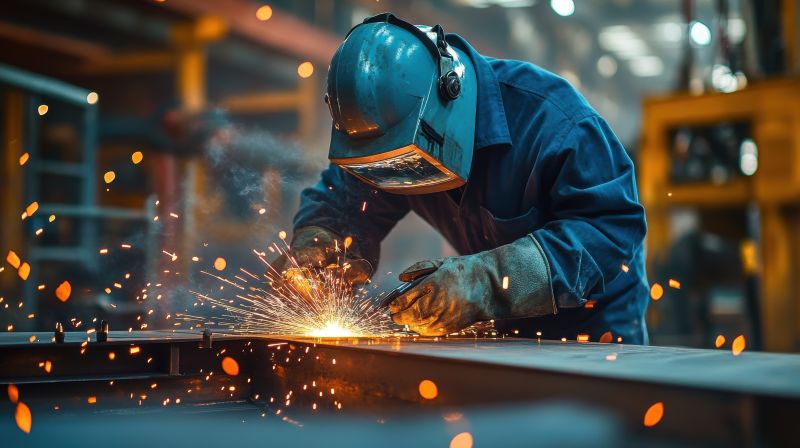 Welder works on metal with sparks flying