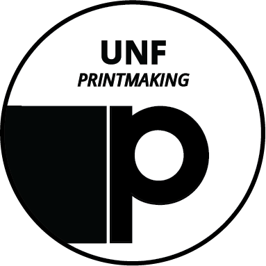 Logo for the UNF Printmaking program featuring bold typography in black and white