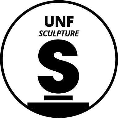 UNF Sculpture logo featuring a prominent "S" on a base within a circular design.